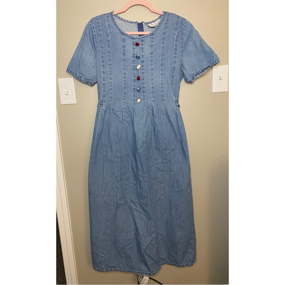 Beautiful Vintage 90s Cottagecore Pleated Denim Maxi Dress W/ Rosette Detail
